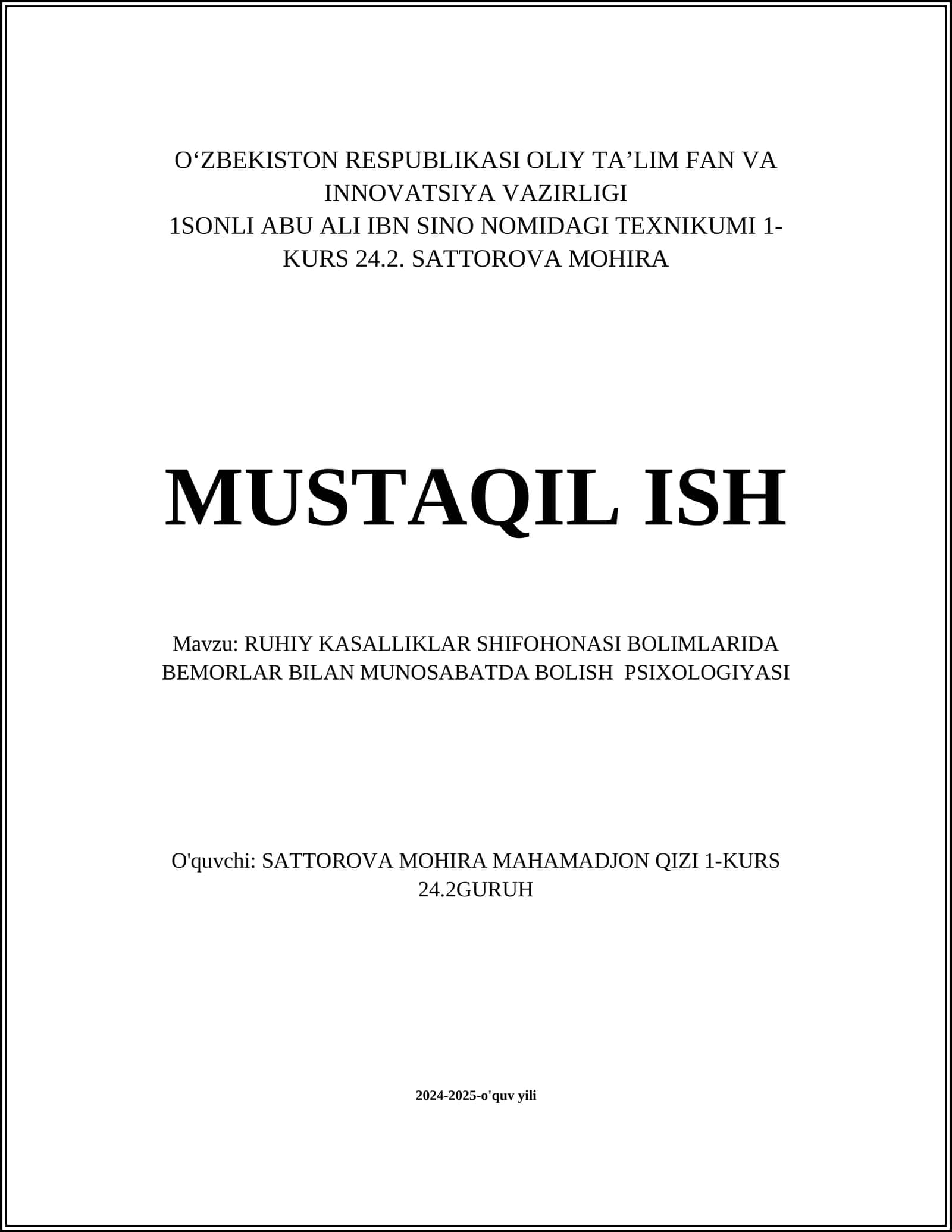 RUHIY KASALLIKLAR SHIFOHONASI BOLIMLARIDA BEMORLAR BILAN MUNOSABATDA BOLISH PSIXOLOGIYASI