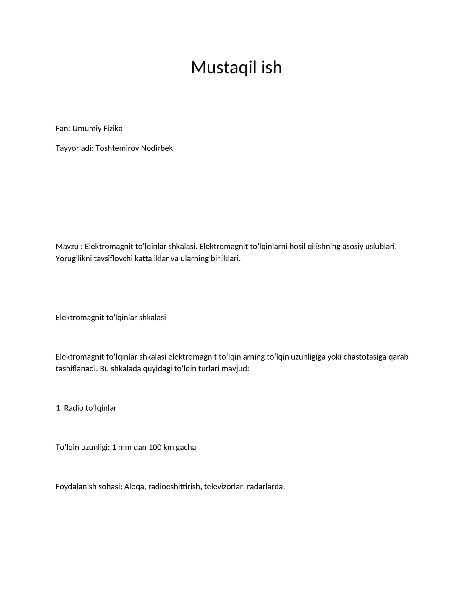 Elektromagnit to'lqinlar shkalasi