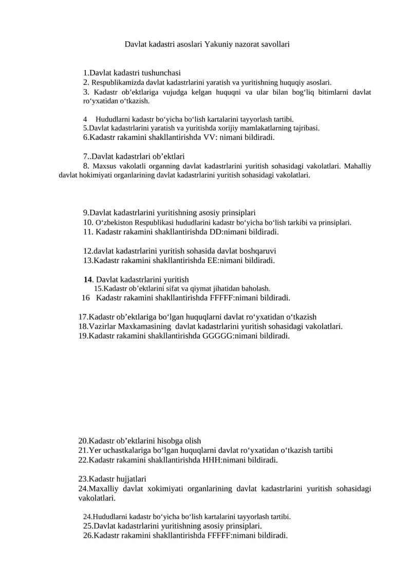 Davlat kadastri asoslari Yakuniy nazorat savollari
