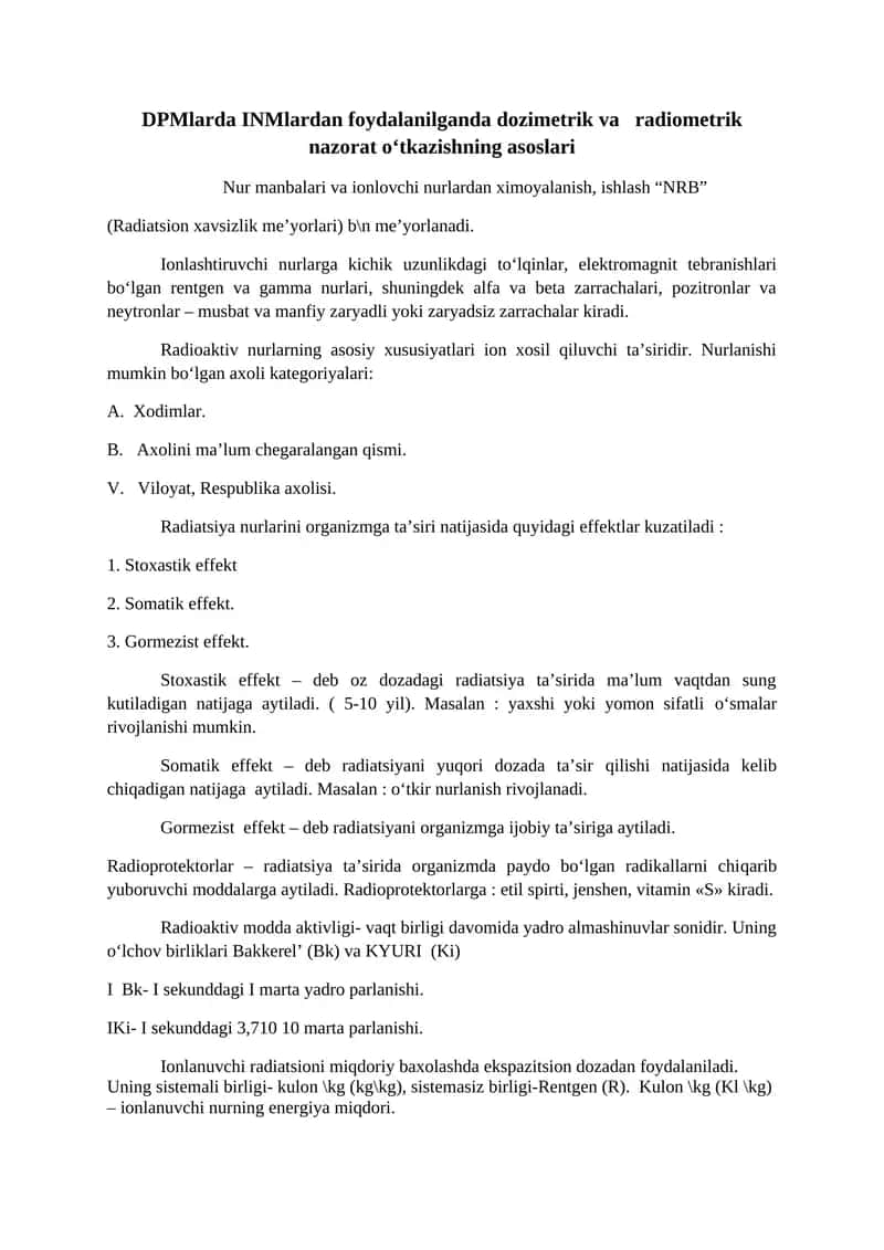 DPMlarda INMlardan foydalanilganda dozimetrik va radiometrik nazorat o‘tkazishning asoslari