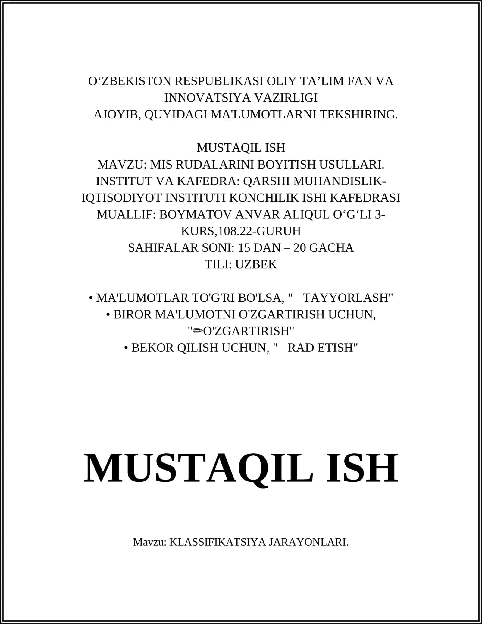 KLASSIFIKATSIYA JARAYONLARI