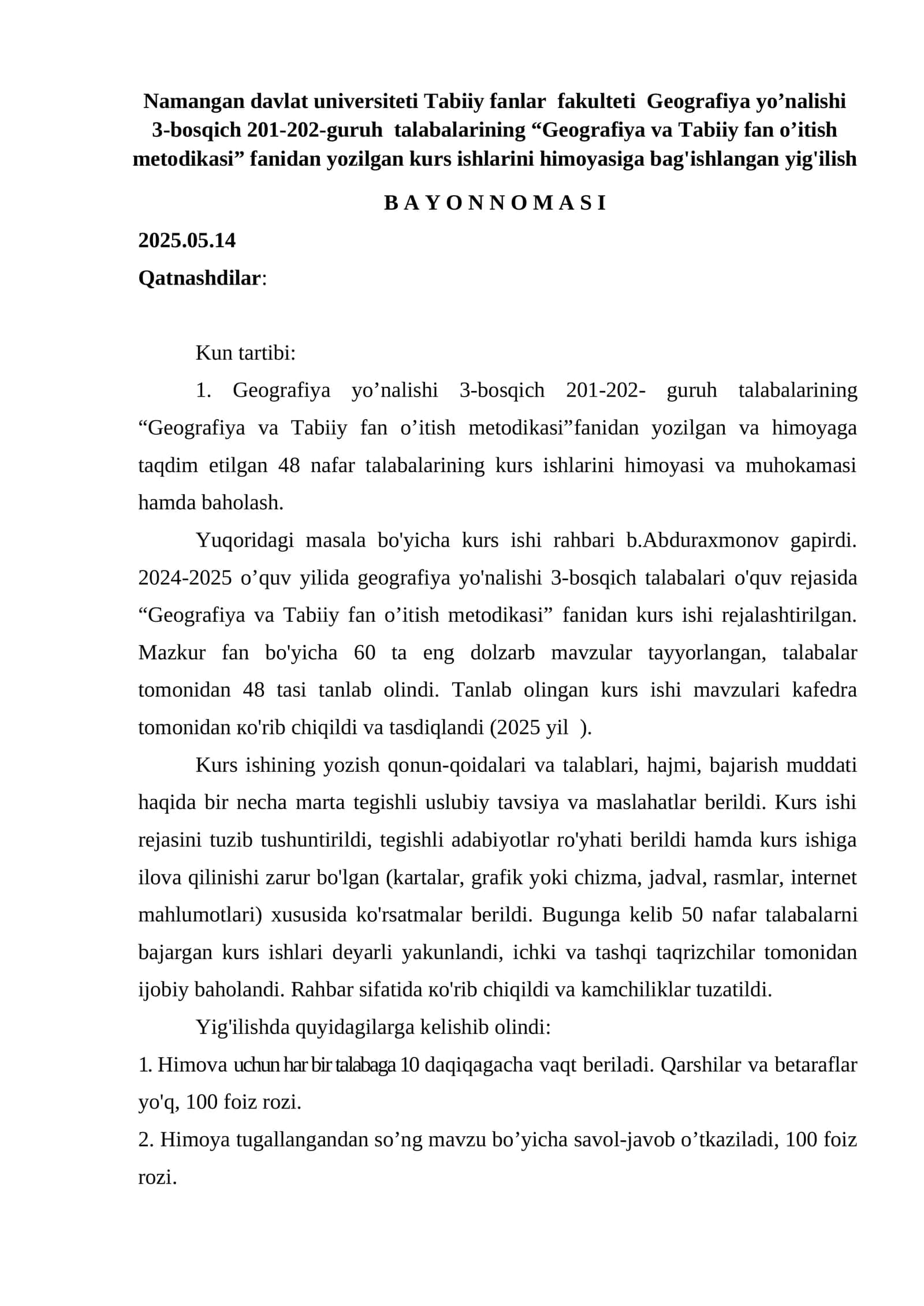 Geografiya va Tabiiy fan o’itish metodikasi kurs ishlari