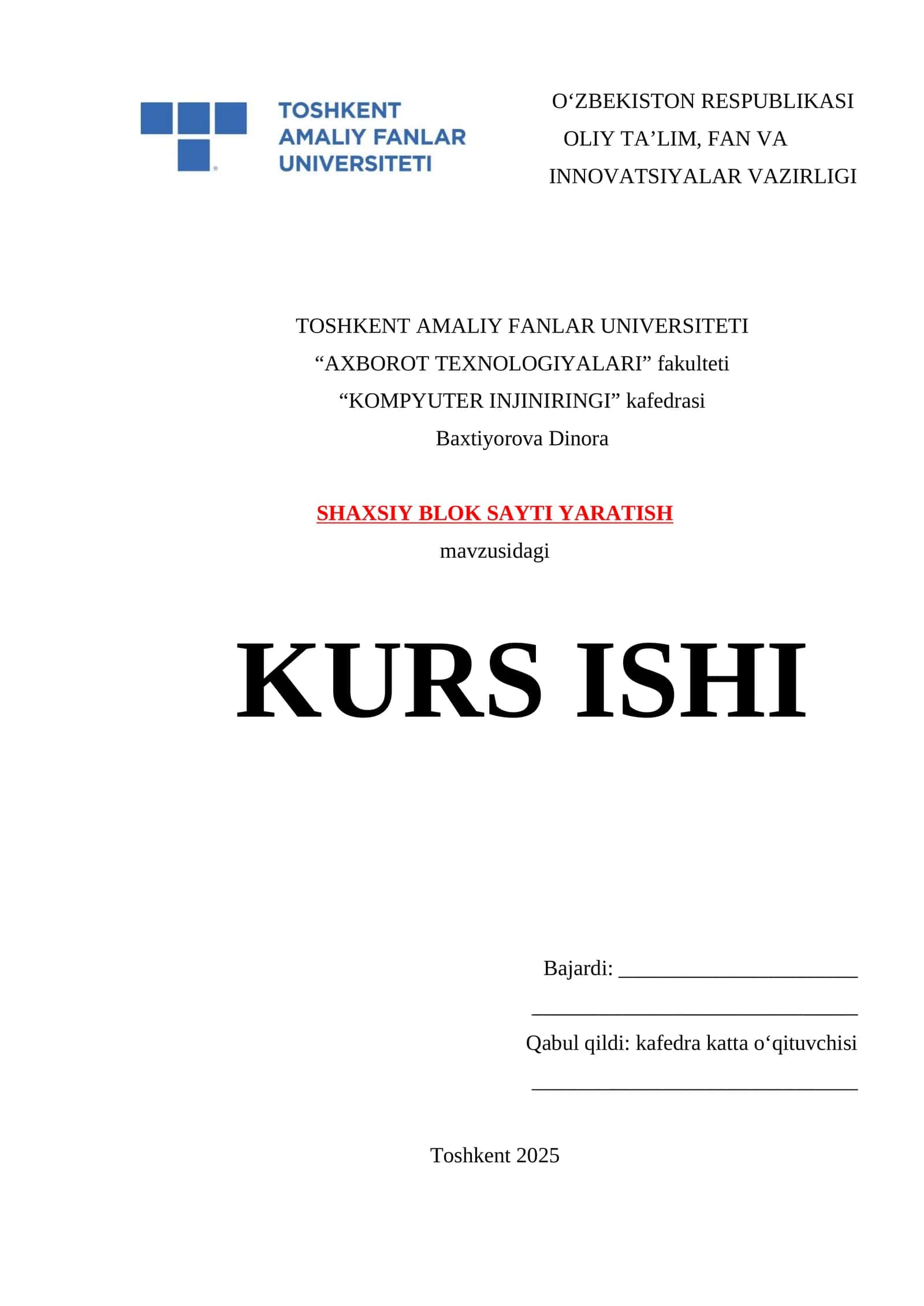 SHAXSIY BLOK SAYTI YARATISH