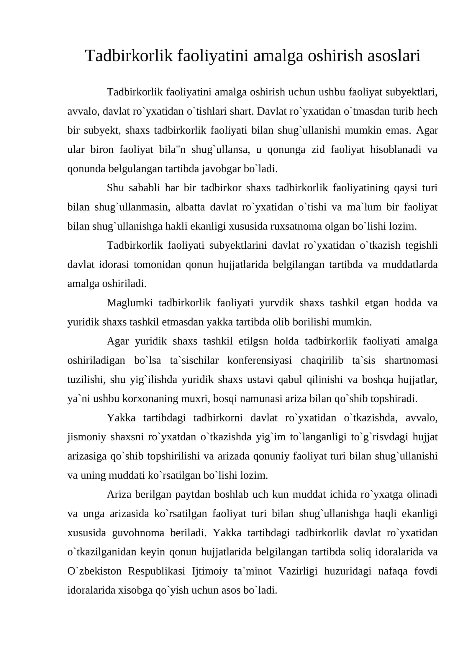 Tadbirkorlik faoliyatini amalga oshirish asoslari