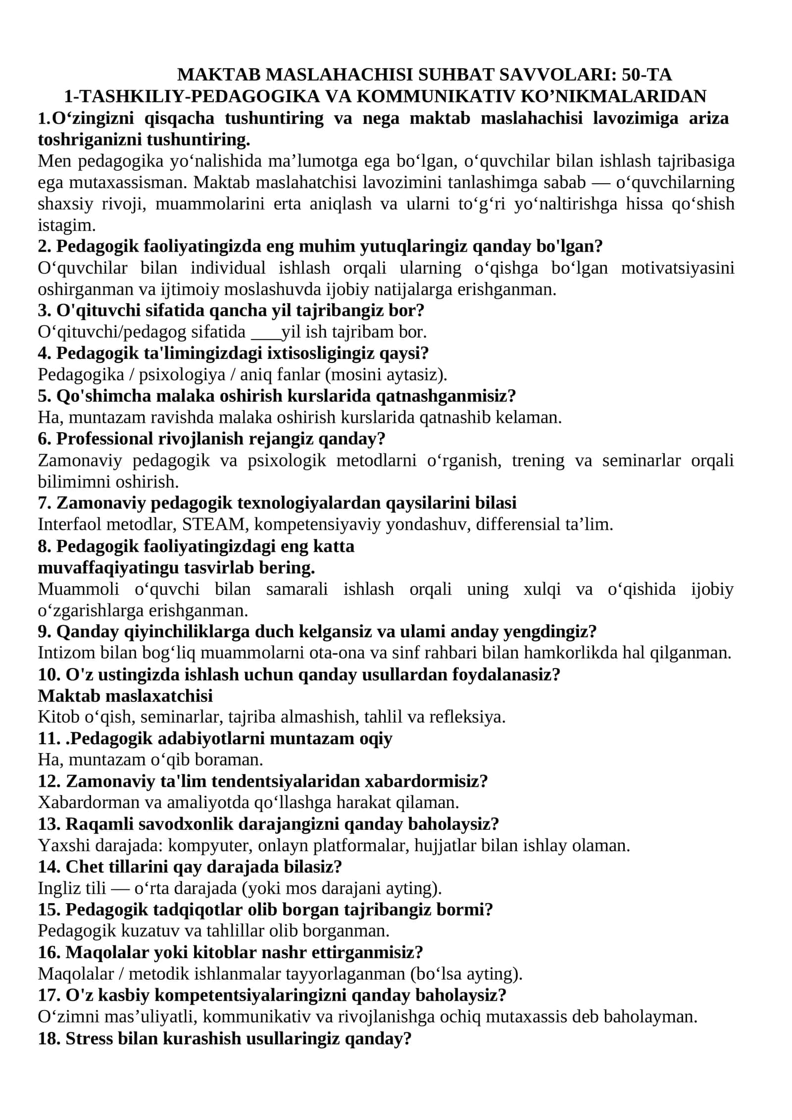 MAKTAB MASLAHACHISI SUHBAT SAVVOLARI: 50-TA JAVOBLARI BILAN