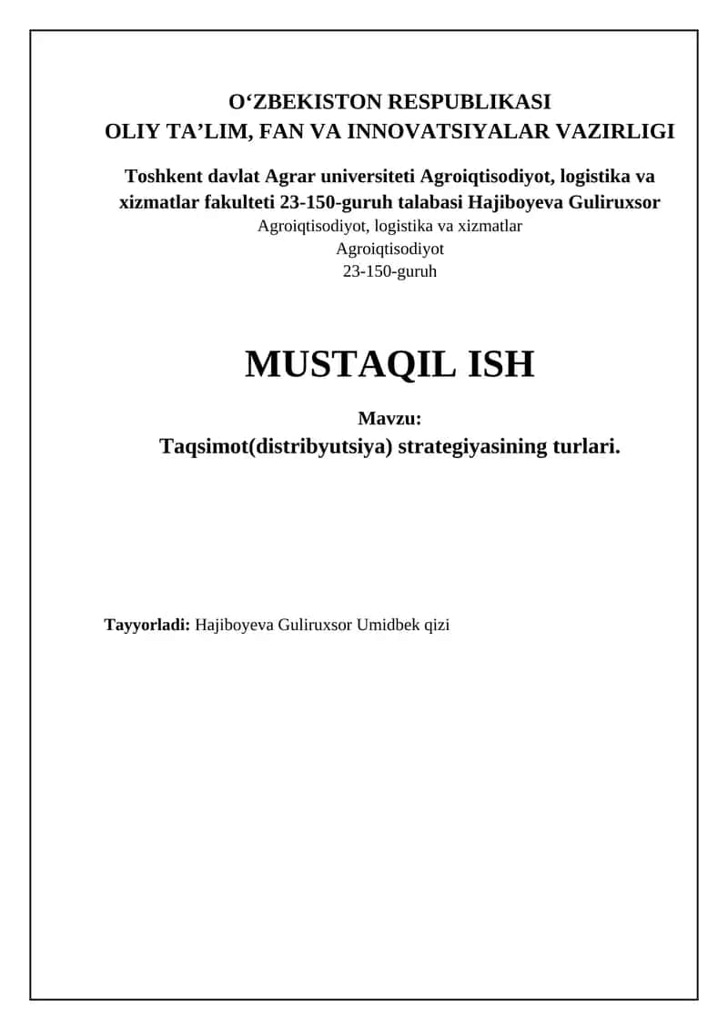 Taqsimot(distribyutsiya) strategiyasining turlari