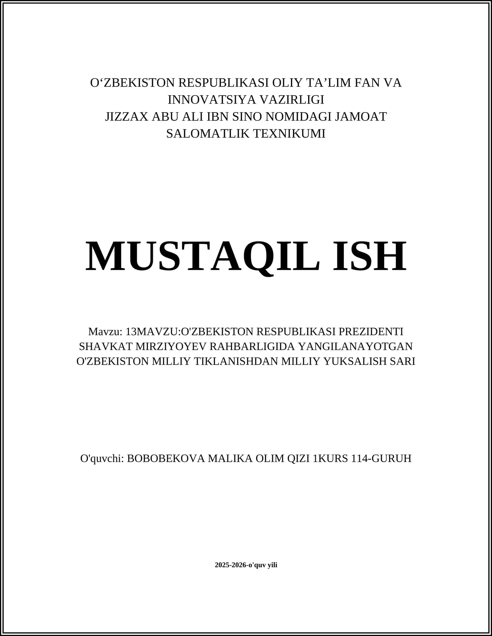 O‘ZBEKISTON RESPUBLIKASI PREZIDENTI SHAVKAT MIRZIYOYEV RAHBARLIGIDA YANGILANAYOTGAN O'ZBEKISTON MILLIY TIKLANISHDAN MILLIY YUKSALISH SARI