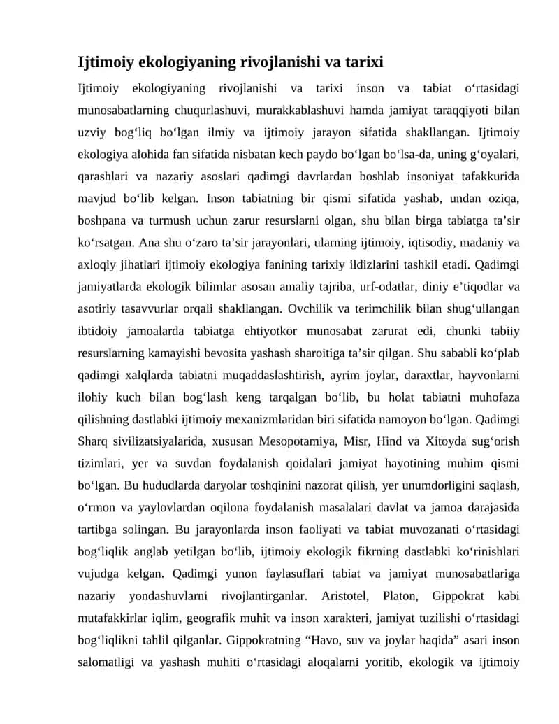 Ijtimoiy ekologiyaning rivojlanishi va tarixi