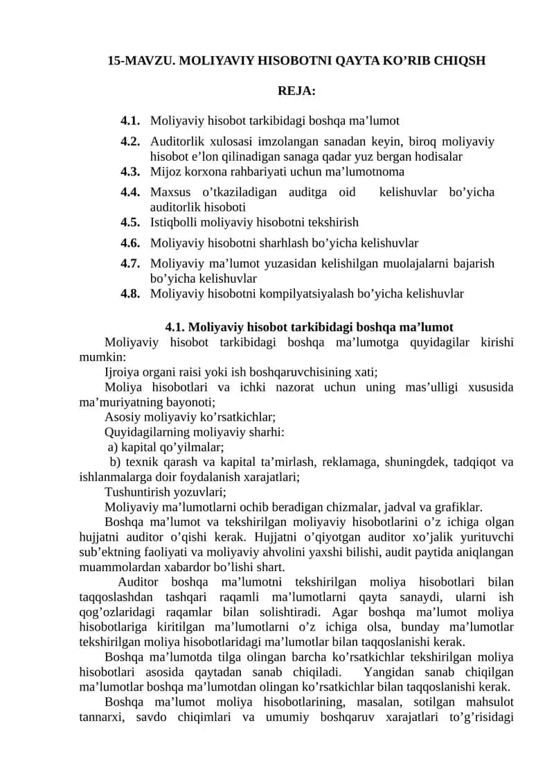 Moliyaviy Hisobotni Qayta Ko’rib Chiqish