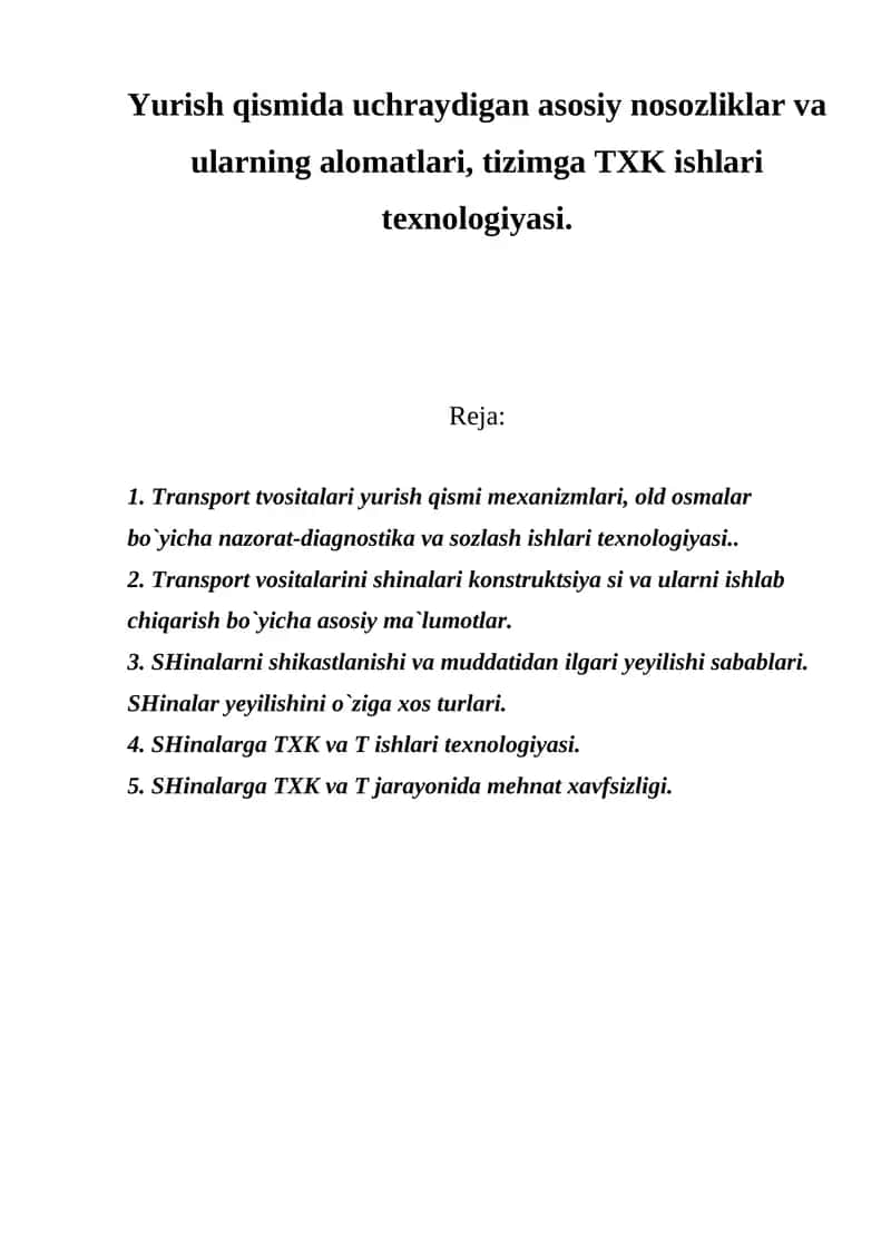 Transport tvositalari yurish qismi texnologiyasi