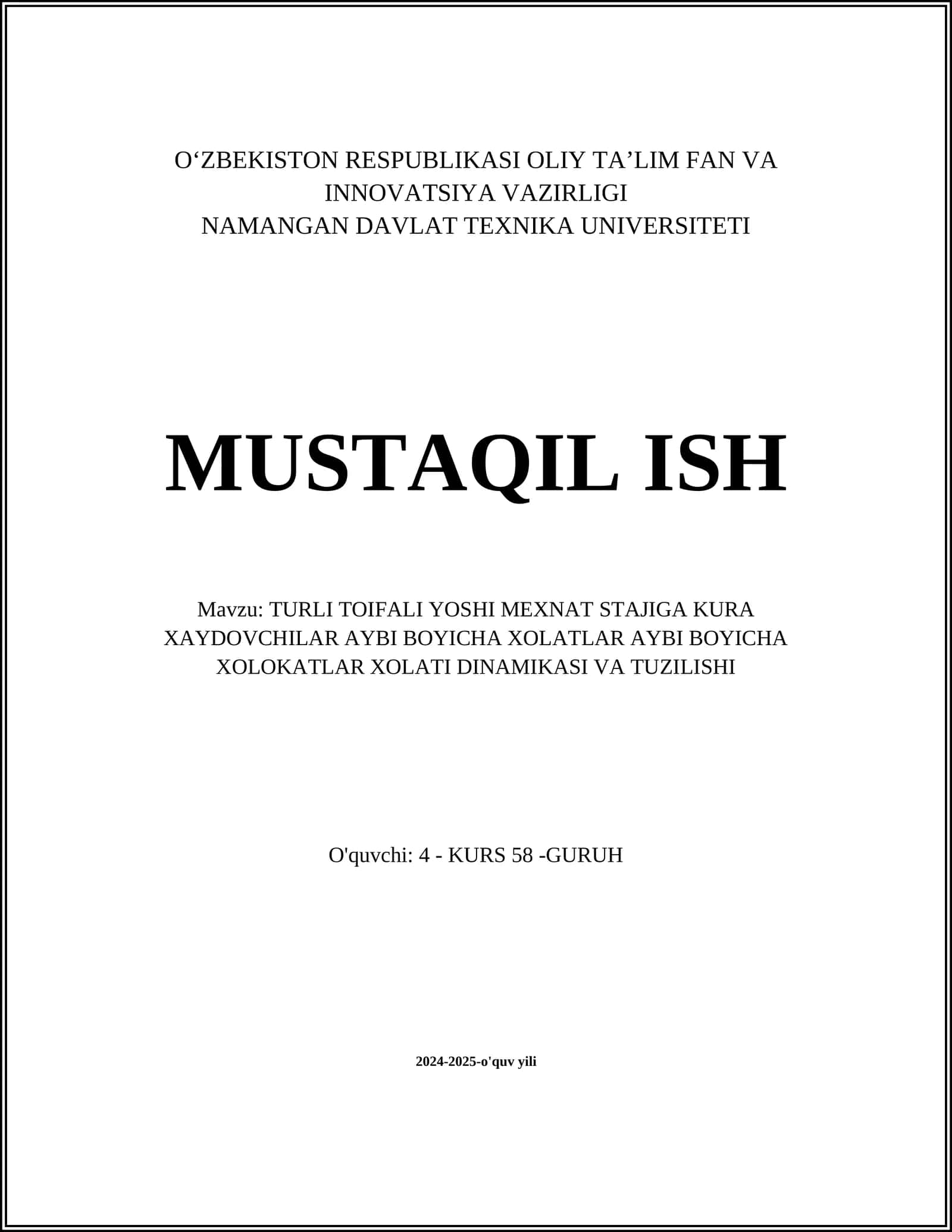 TURLI TOIFALI YOSHI MEXNAT STAJIGA KURA