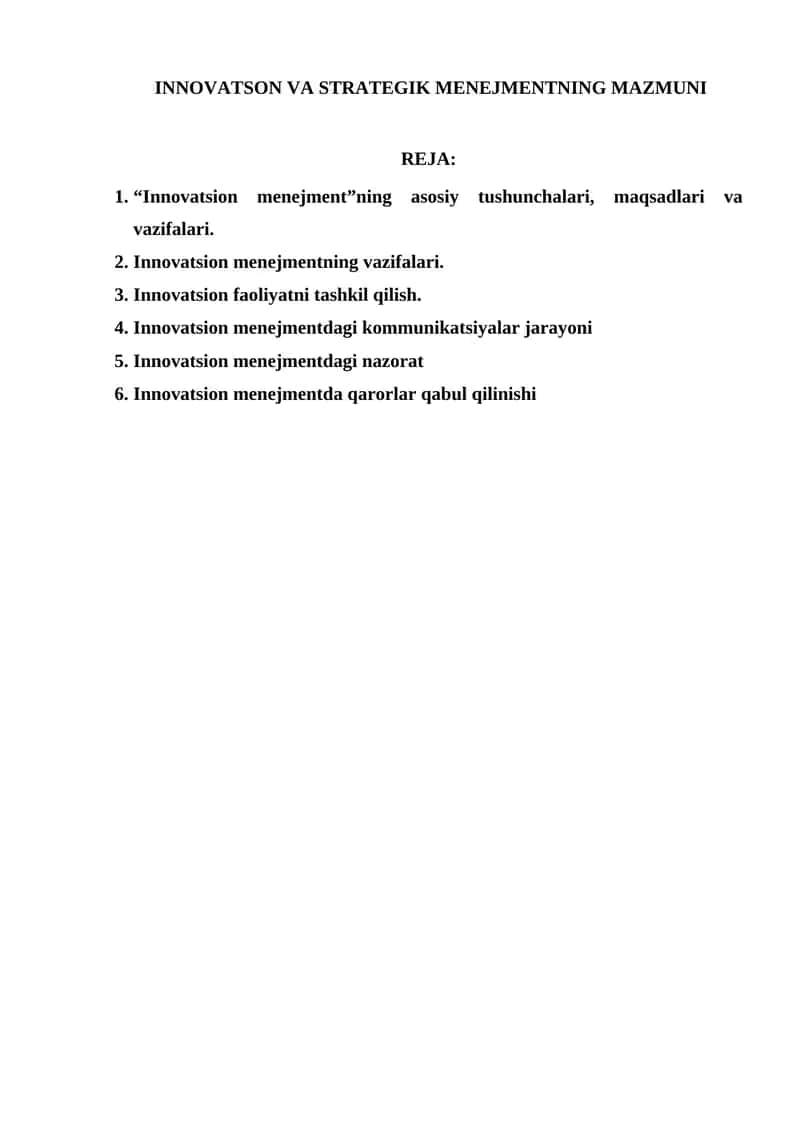 INNOVATSON VA STRATEGIK MENEJMENTNING MAZMUNI