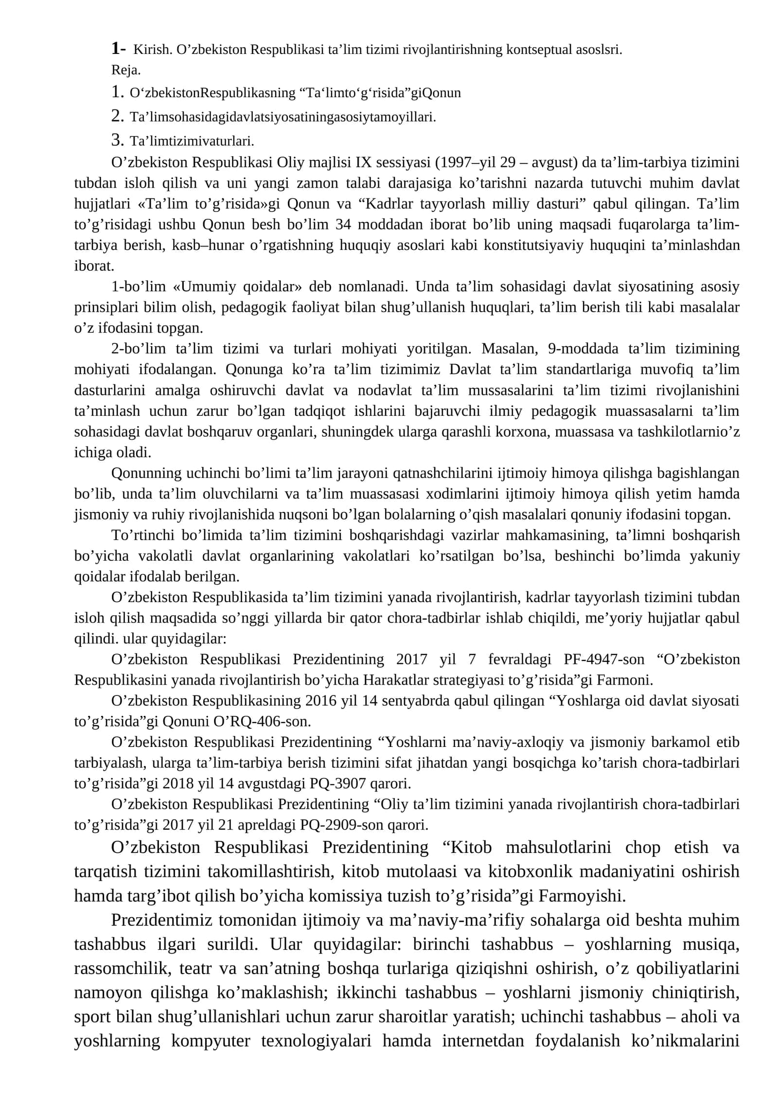 O’zbekiston Respublikasi ta’lim tizimi rivojlantirishning kontseptual asoslsri