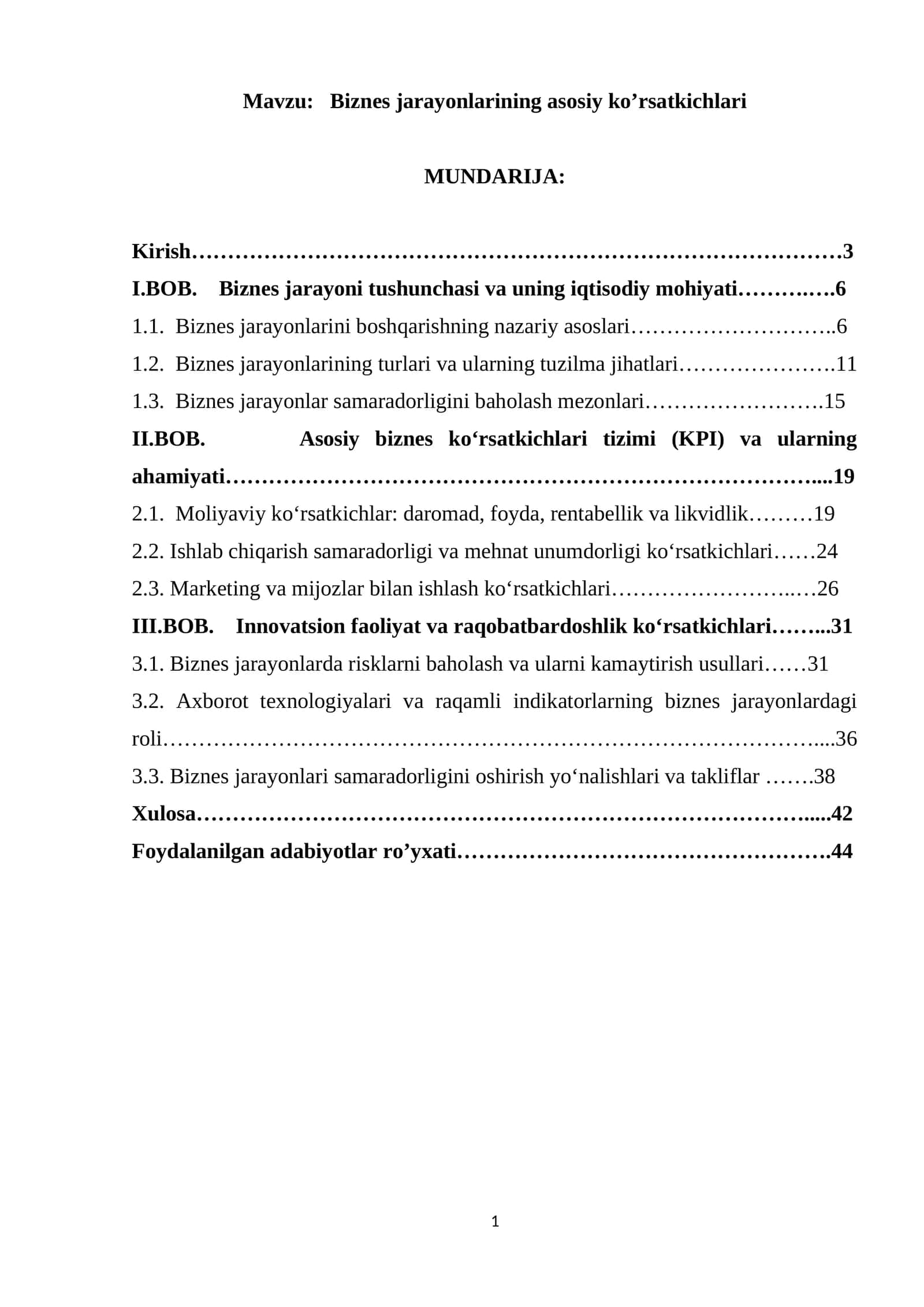 Biznes jarayonlarining asosiy ko’rsatkichlari