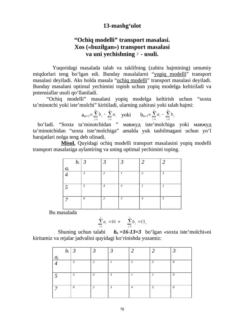 Оchiq mоdеlli trаnspоrt mаsаlаsi