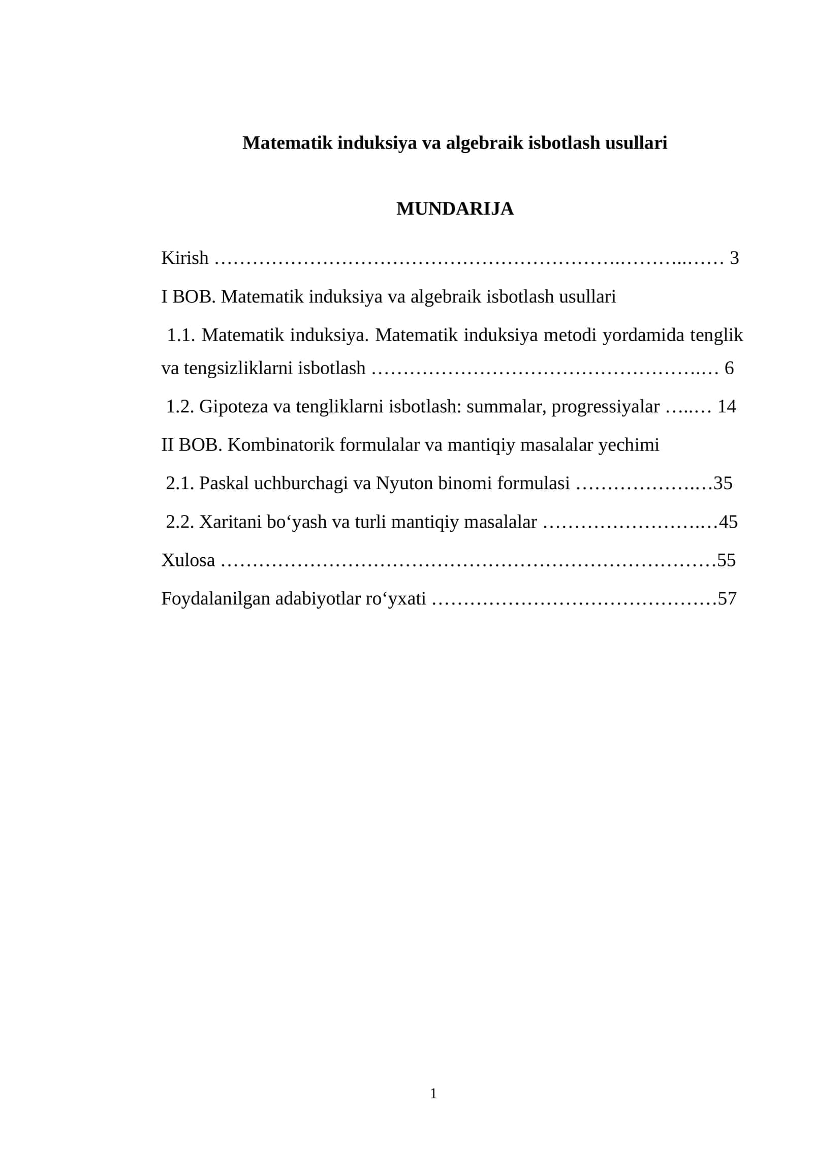 Matematik induksiya va algebraik isbotlash usullari
