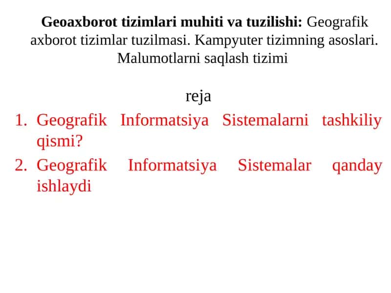 Geografik Informatsiya Sistemalarni tashkiliy qismi