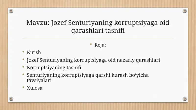 Jozef Senturiyaning korruptsiyaga oid qarashlari tasnifi