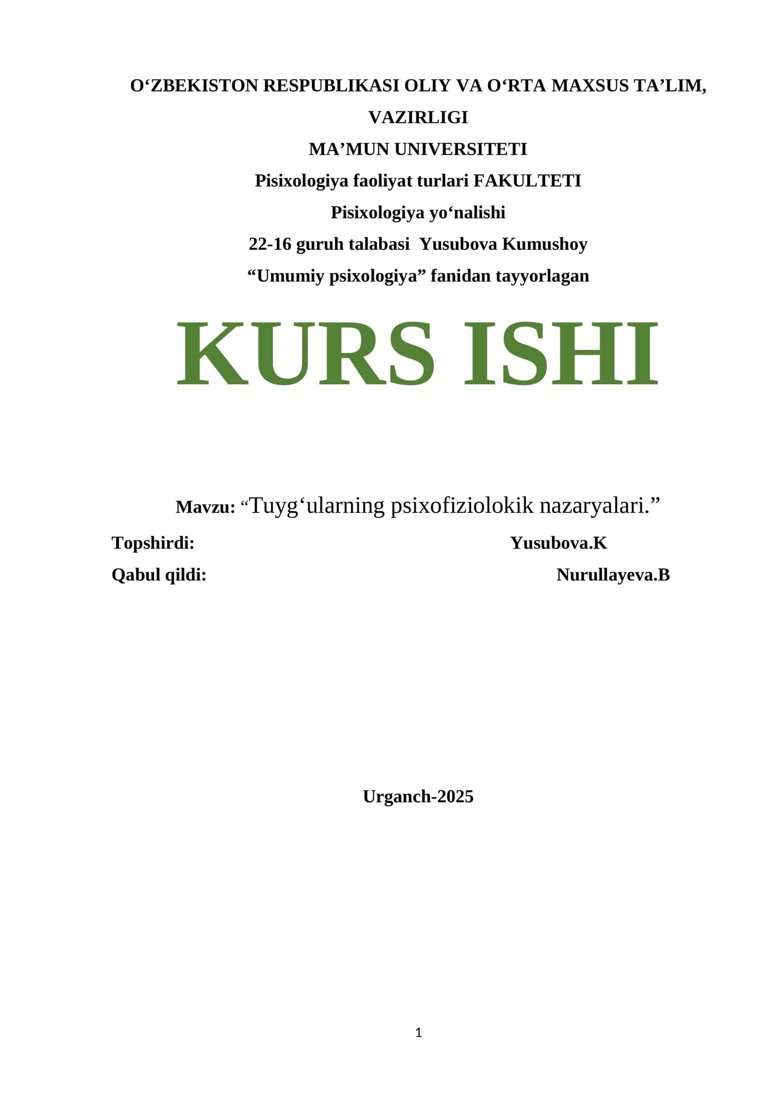 Umumiy psixologiya fanidan tayyorlagan KURS ISHI