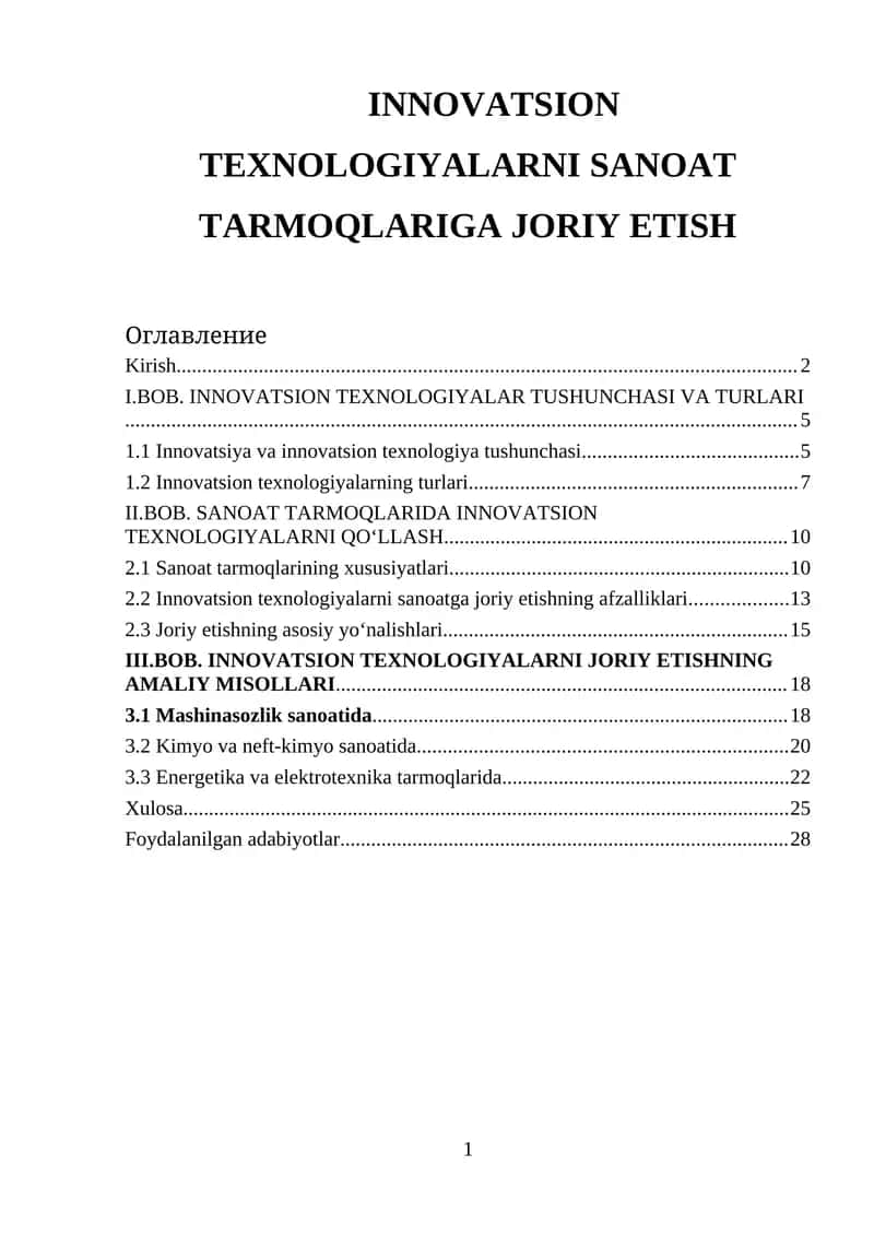 INNOVATSION TEXNOLOGIYALARNI SANOAT TARMOQLARIGA JORIY ETISH
