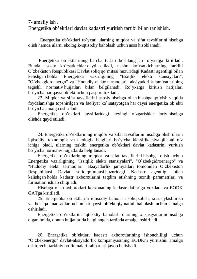Energetika ob’ektlari davlat kadastri yuritish tartibi