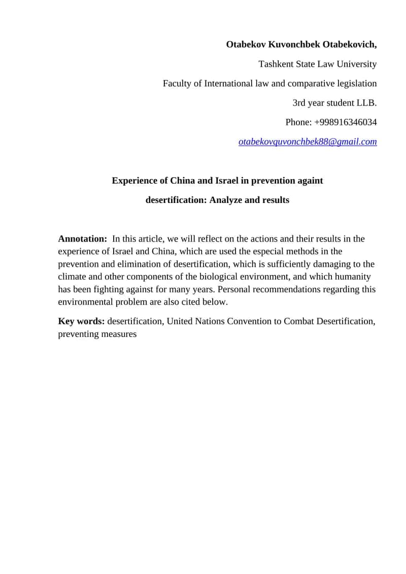 Experience of China and Israel in prevention against desertification: Analyze and results
