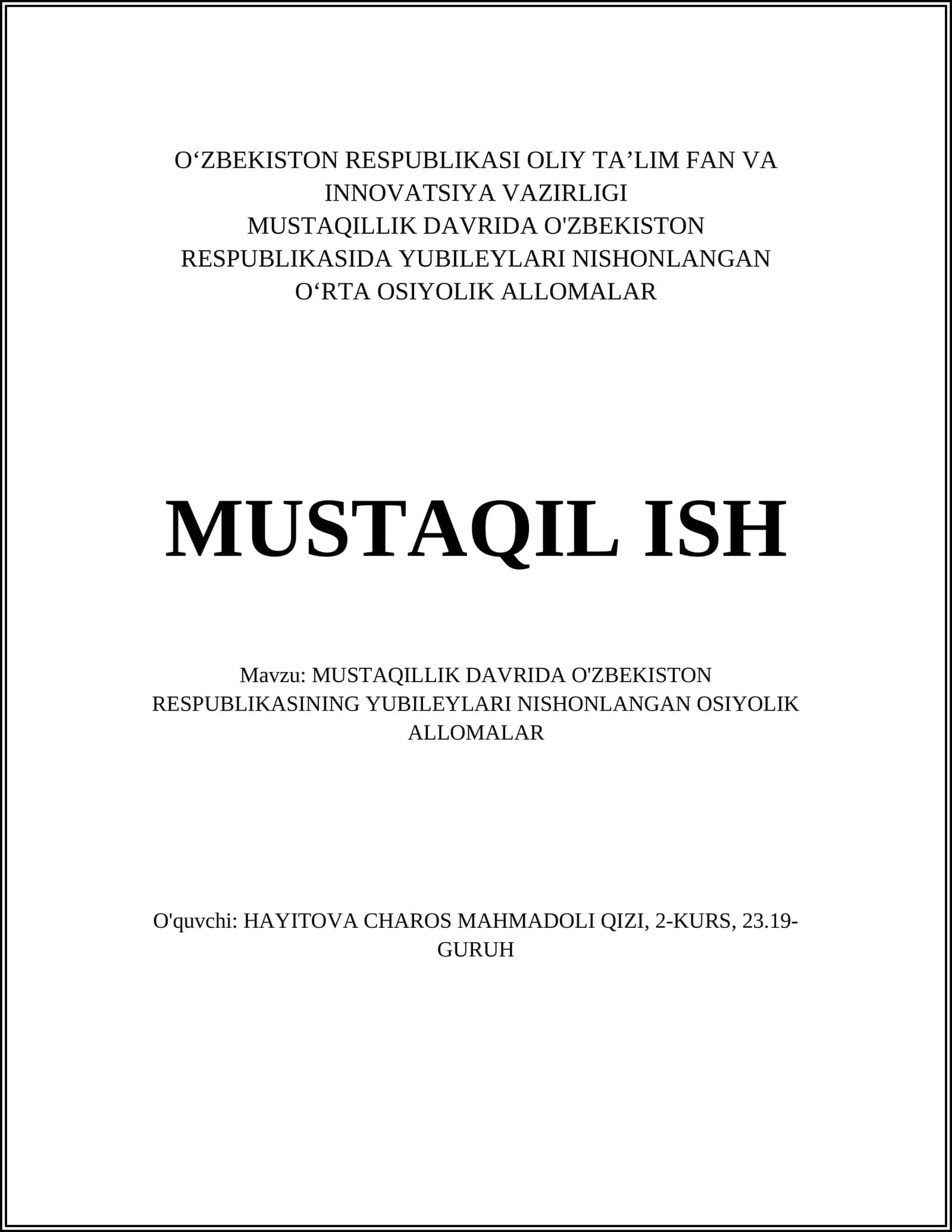 MUSTAQILLIK DAVRIDA O'ZBEKISTON RESPUBLIKASINING YUBILEYLARI NISHONLANGAN OSIYOLIK ALLOMALAR