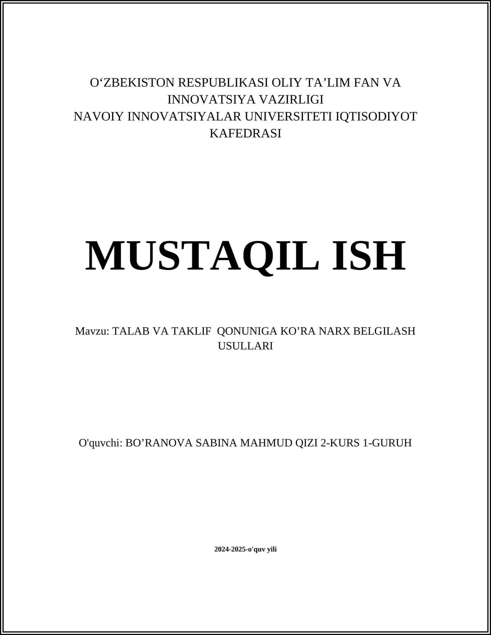 TALAB VA TAKLIF QONUNIGA KO’RA NARX BELGILASH USULLARI