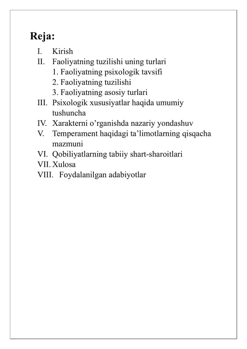 Faoliyat tuzilishi psixologik xususiyatlar