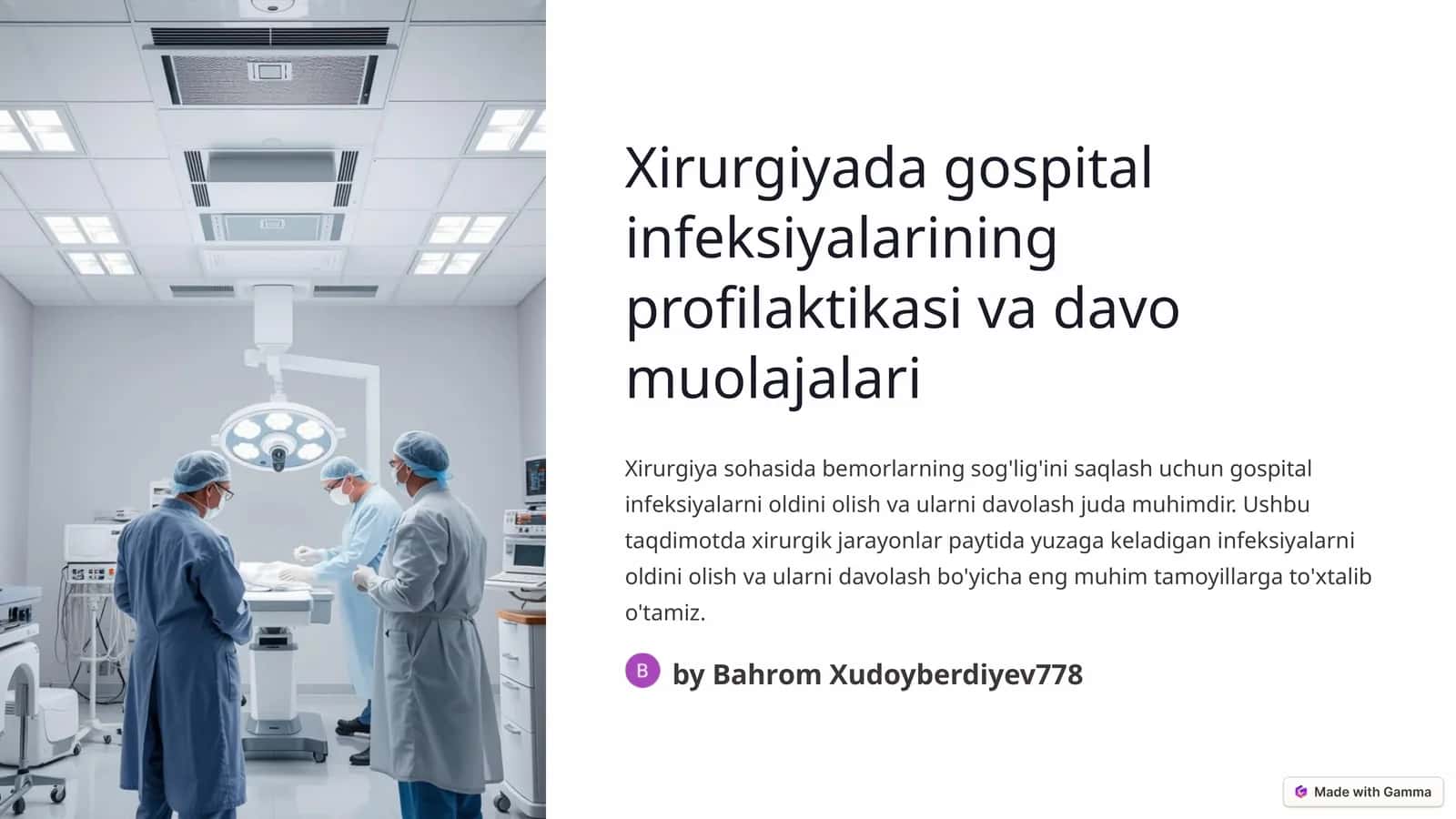 Xirurgiyada gospital infeksiyalarining profilaktikasi va davo muolajalari