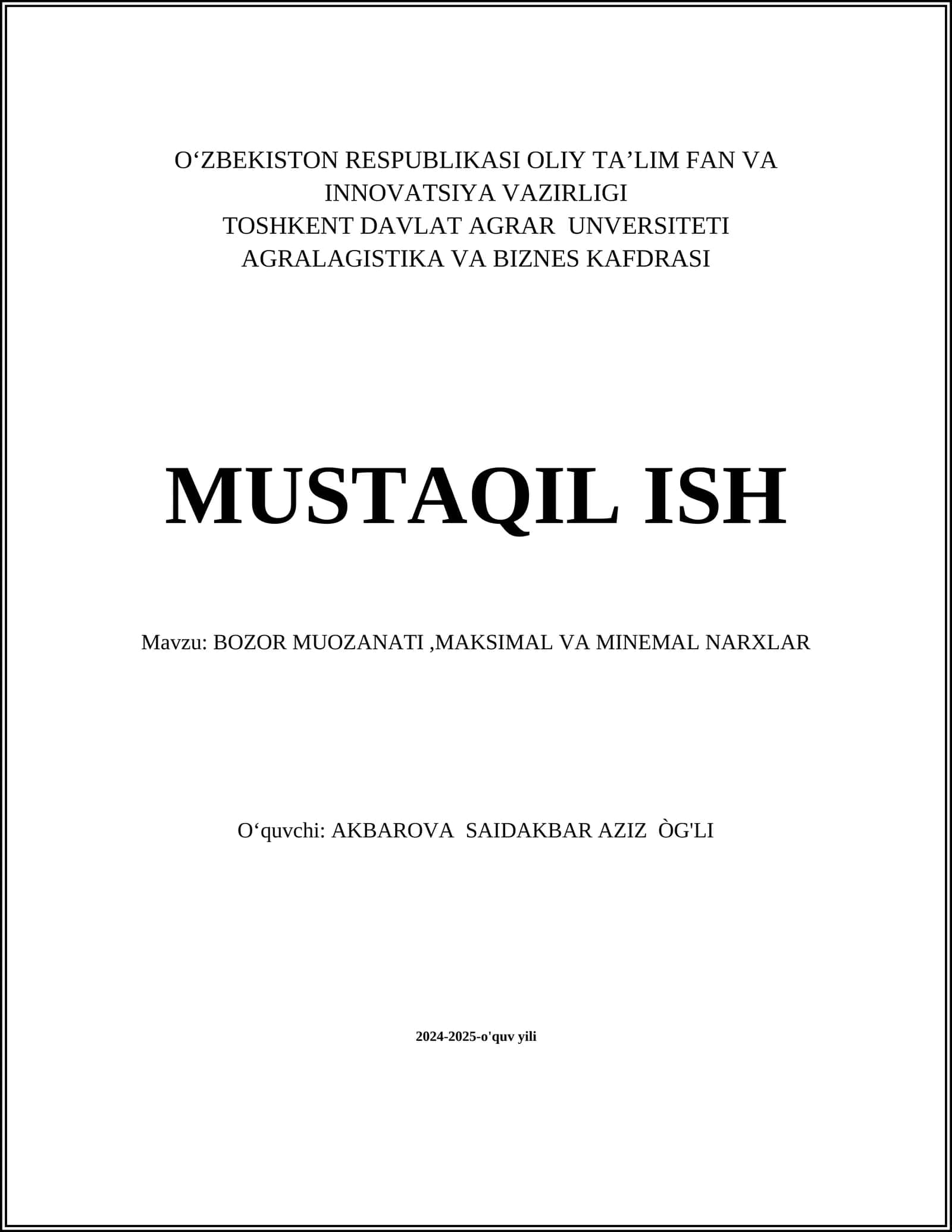 BOZOR MUOZANATI, MAKSIMAL VA MINEMAL NARXLAR