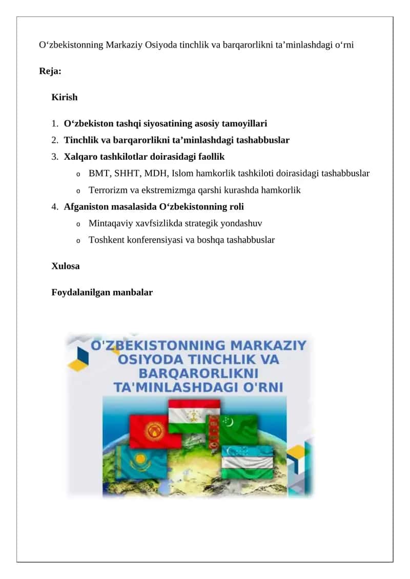 O‘zbekistonning Markaziy Osiyoda tinchlik va barqarorlikni ta’minlashdagi o‘rni