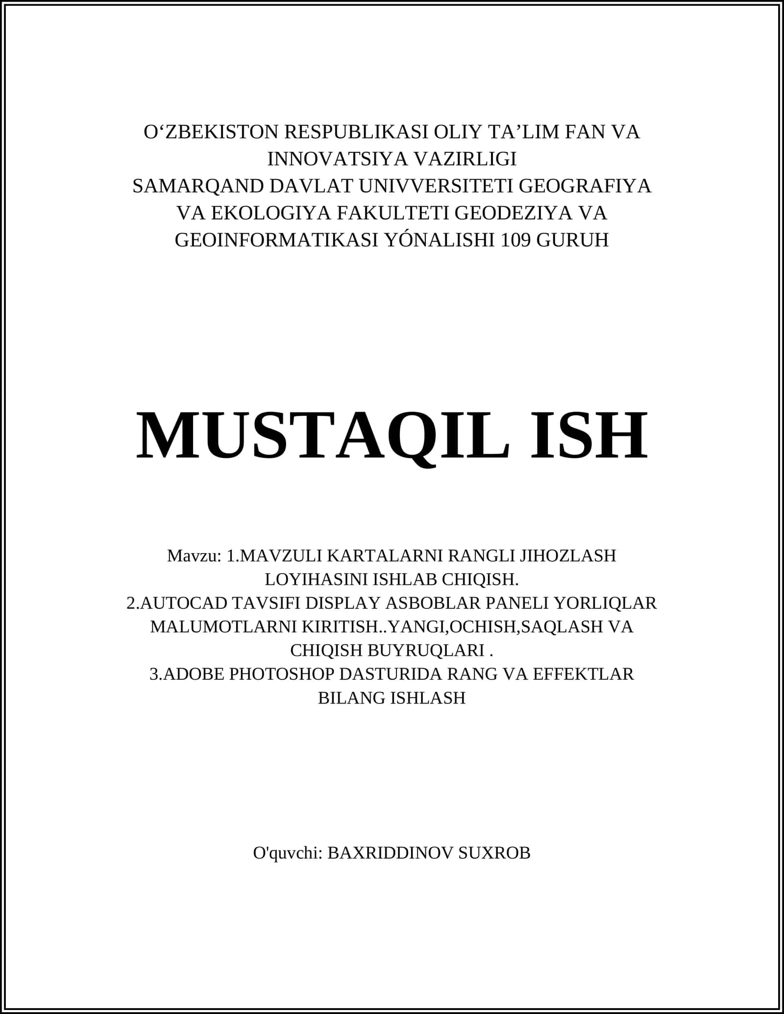 MAVZULI KARTALARNI RANGLI JIHOZLASH LOYIHASI
