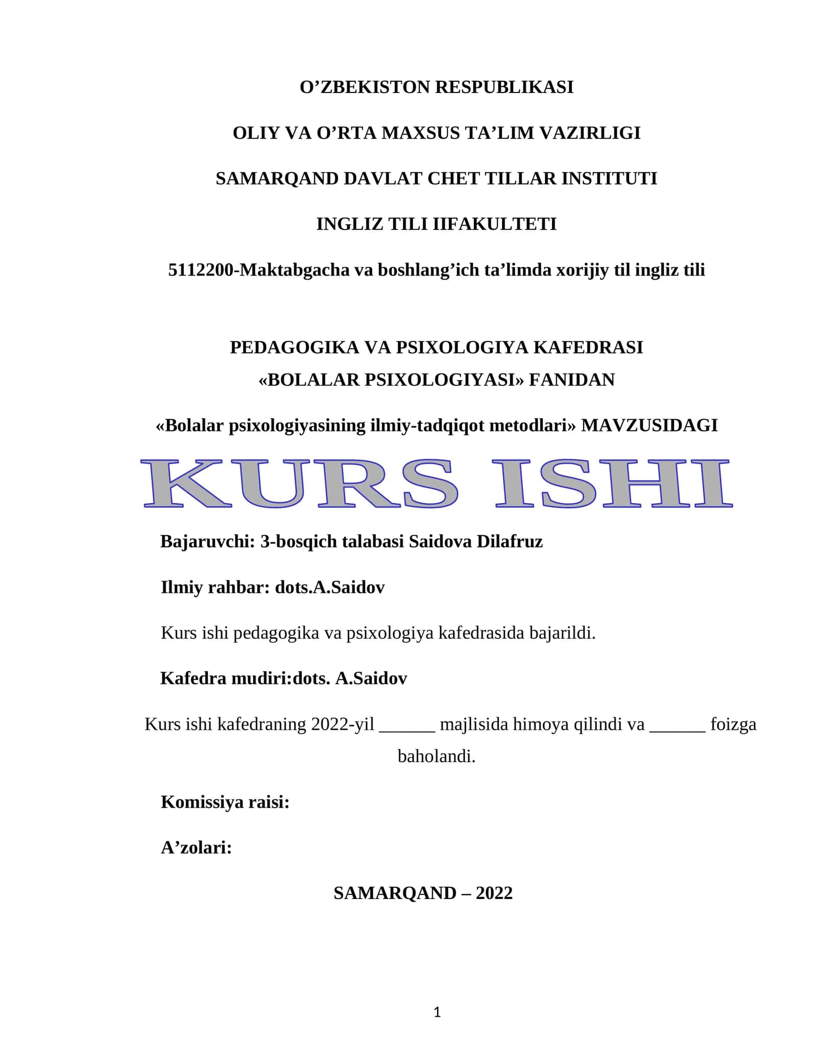 «Bolalar psixologiyasining ilmiy-tadqiqot metodlari» KURS ISHI
