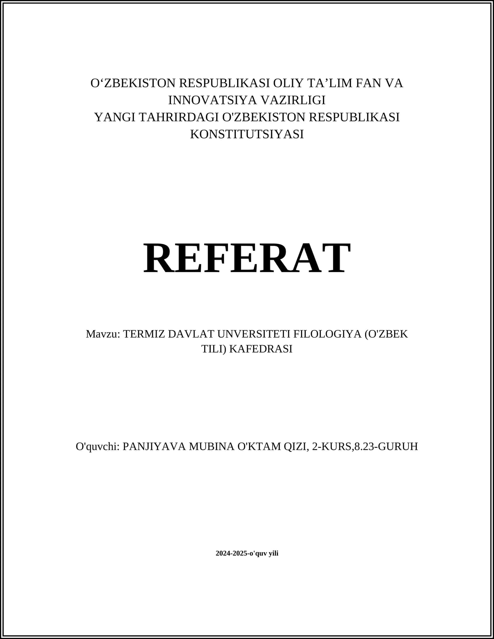 YANGI TAHRIRDAGI O'ZBEKISTON RESPUBLIKASI KONSTITUTSIYASI REFERAT