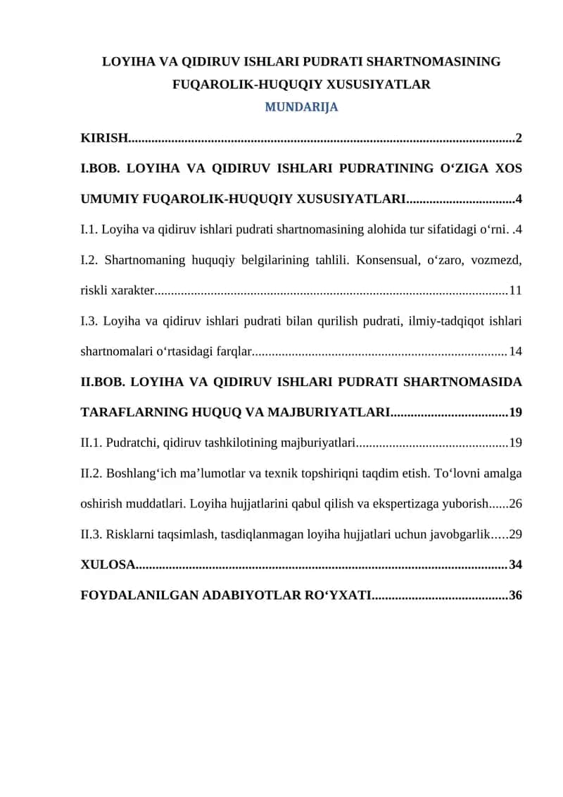 Loyiha va qidiruv ishlari pudrati shartnomasi