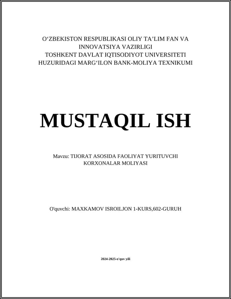Tijorat asosida faoliyat yurituvchi korxonalar moliyasi