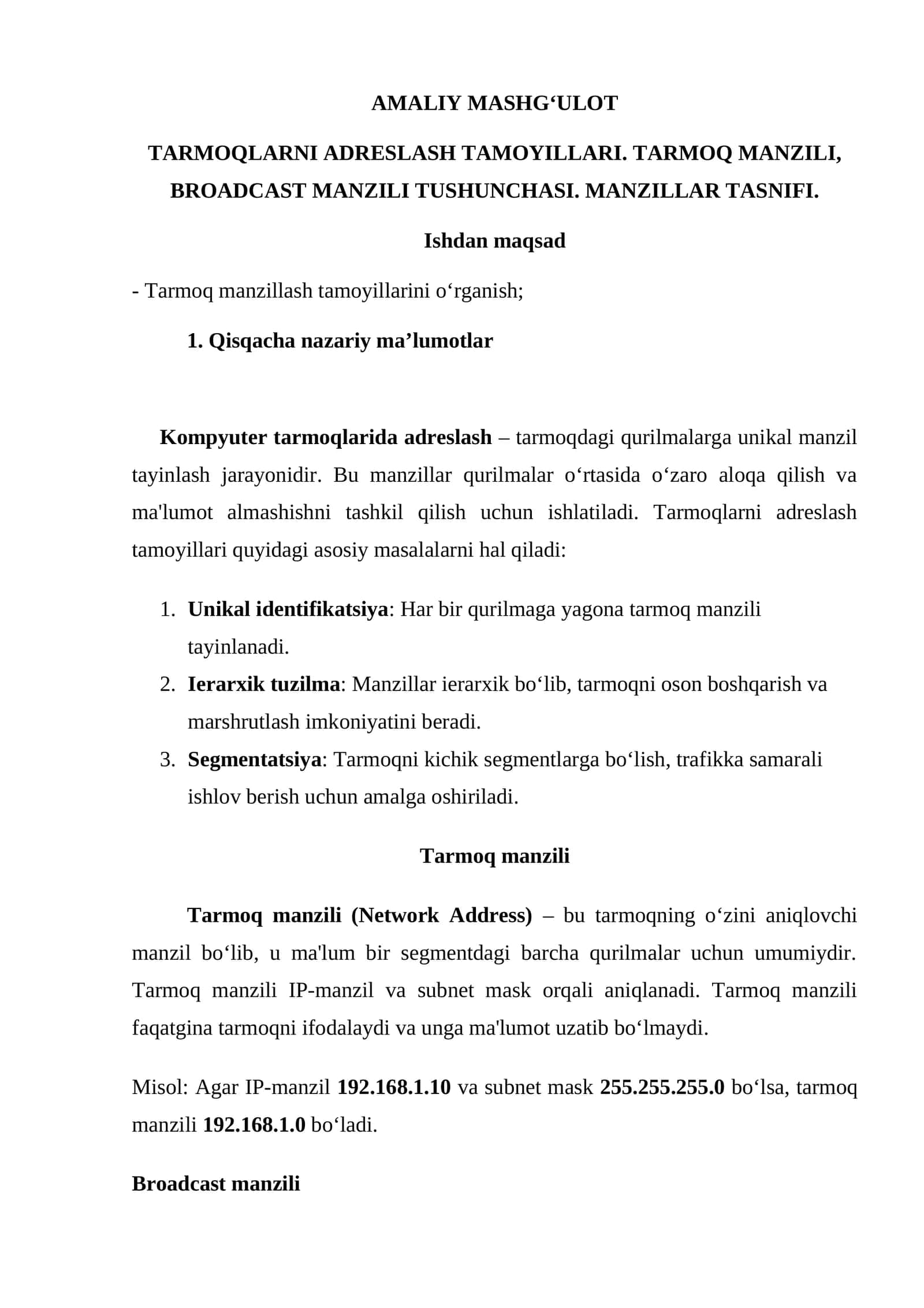 TARMOQLARNI ADRESLASH TAMOYILLARI