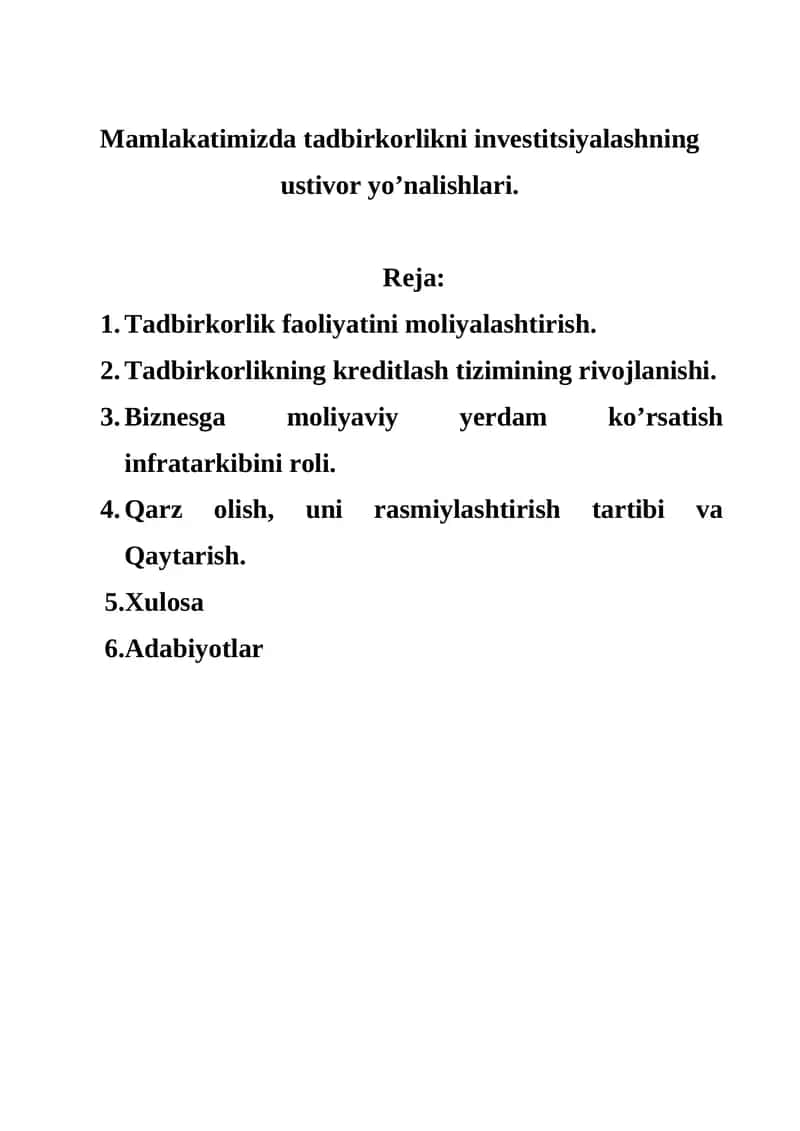Tadbirkorlik faoliyatini moliyalashtirish