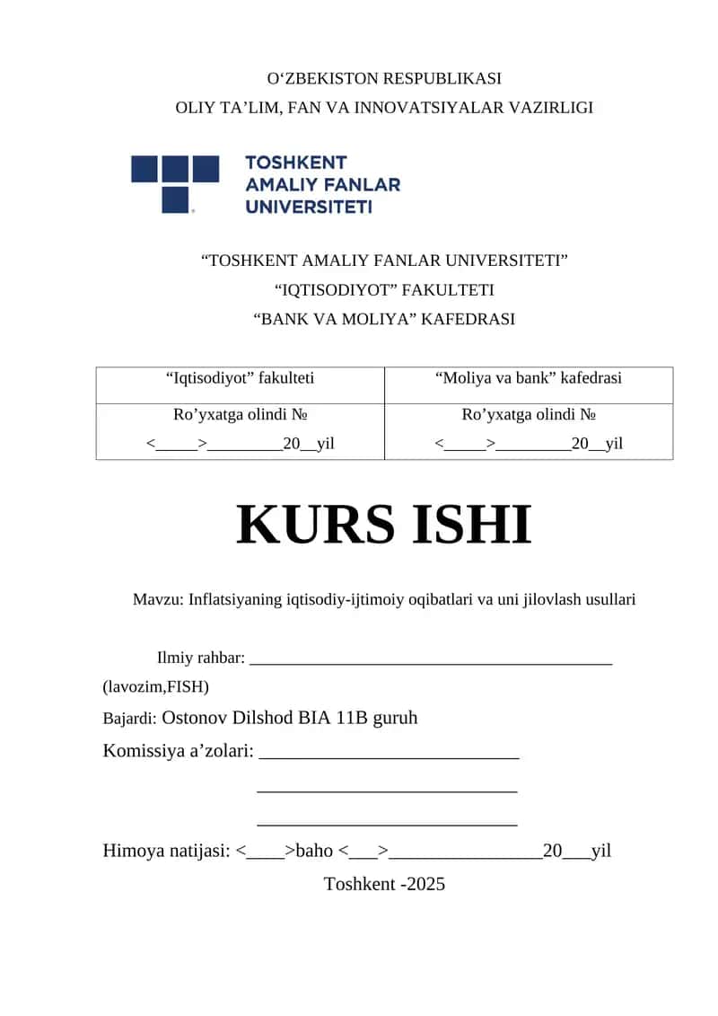 Inflatsiyaning iqtisodiy-ijtimoiy oqibatlari va uni jilovlash usullari