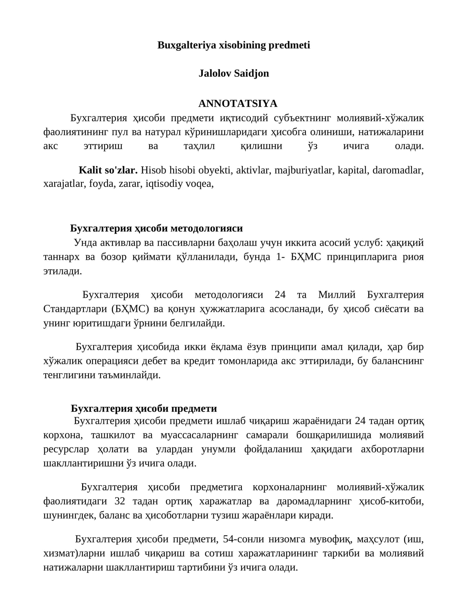 Buxgalteriya xisobining predmeti