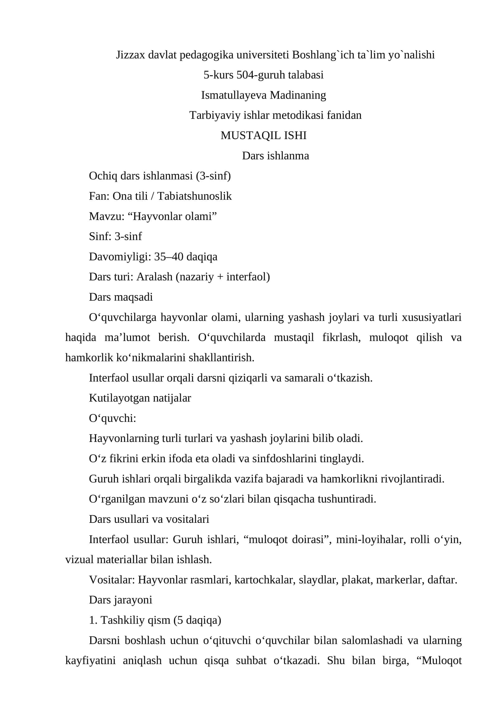 Ochiq dars ishlanmasi (3-sinf) Fan: Ona tili / Tabiatshunoslik