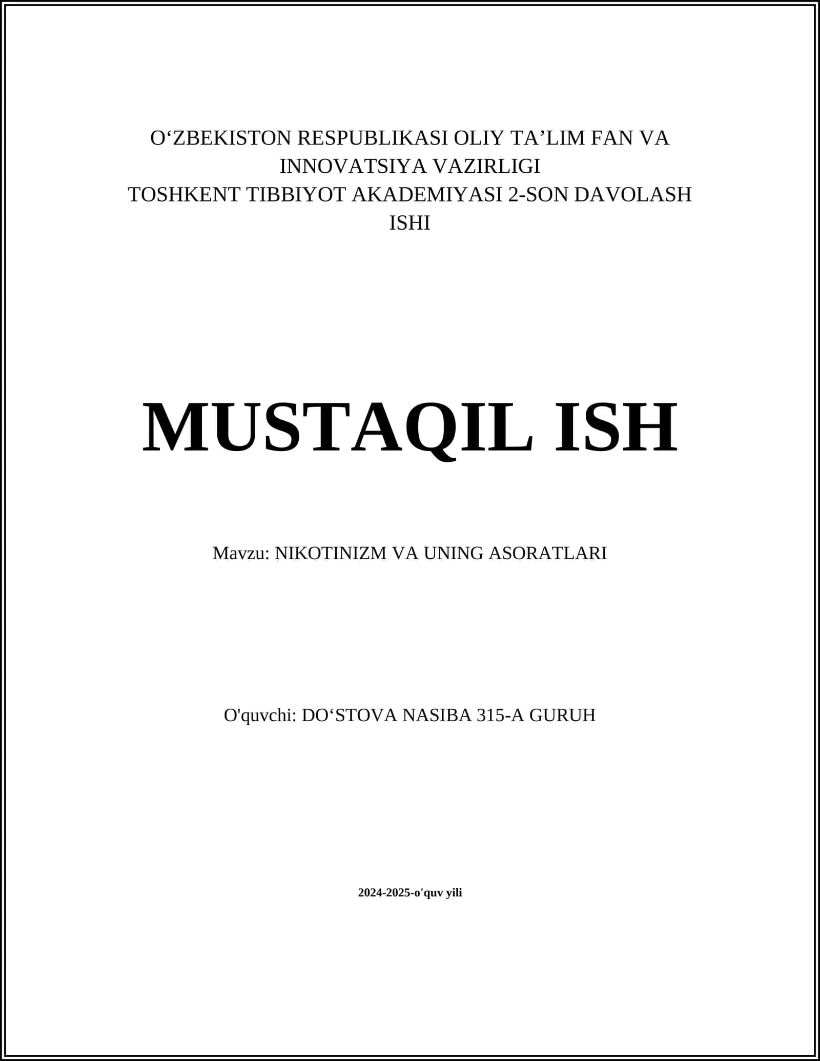 TOSHKENT TIBBIYOT AKADEMIYASI 2-SON DAVOLASH ISHI