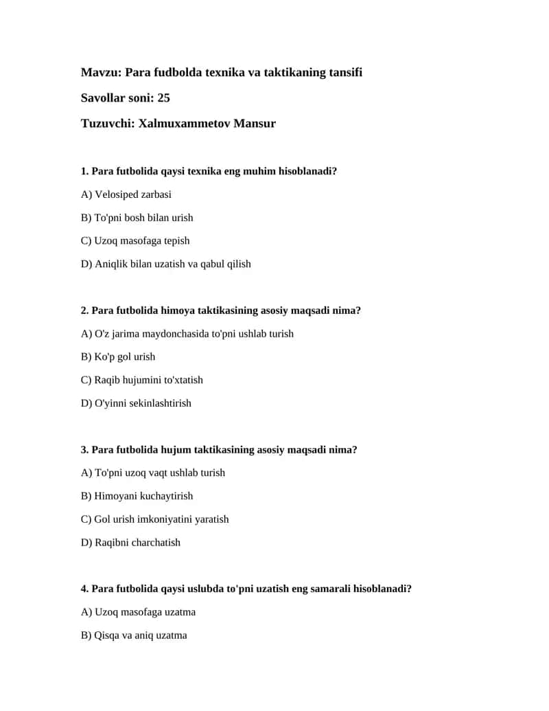 Para fudbolda texnika va taktikaning tansifi