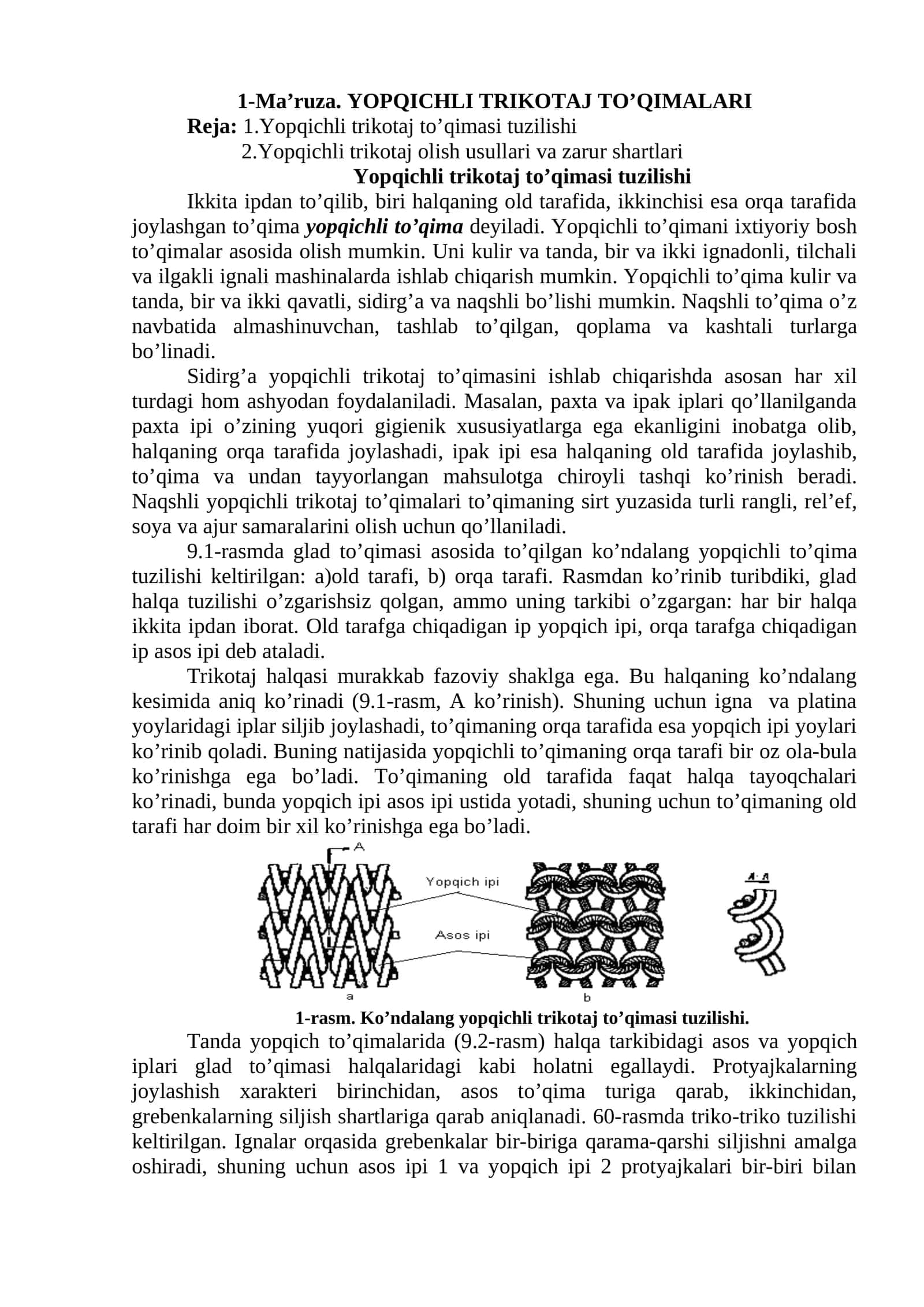 Ma’ruza. YOPQICHLI TRIKOTAJ TO’QIMALARI