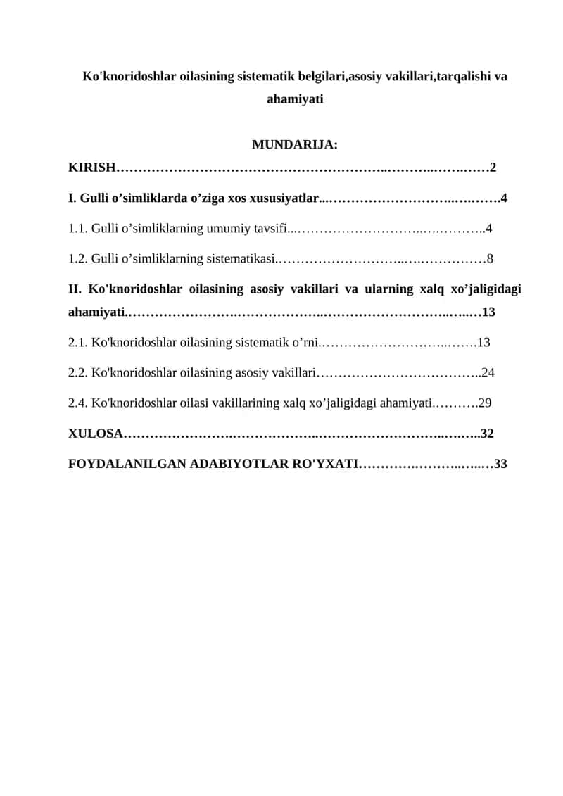 Ko'knoridoshlar oilasining asosiy vakillari va ularning xalq xo’jaligidagi ahamiyati