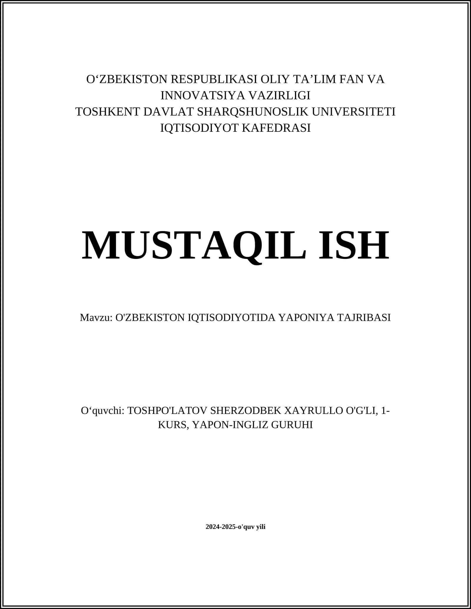 O'ZBEKISTON IQTISODIYOTIDA YAPONIYA TAJRIBASI