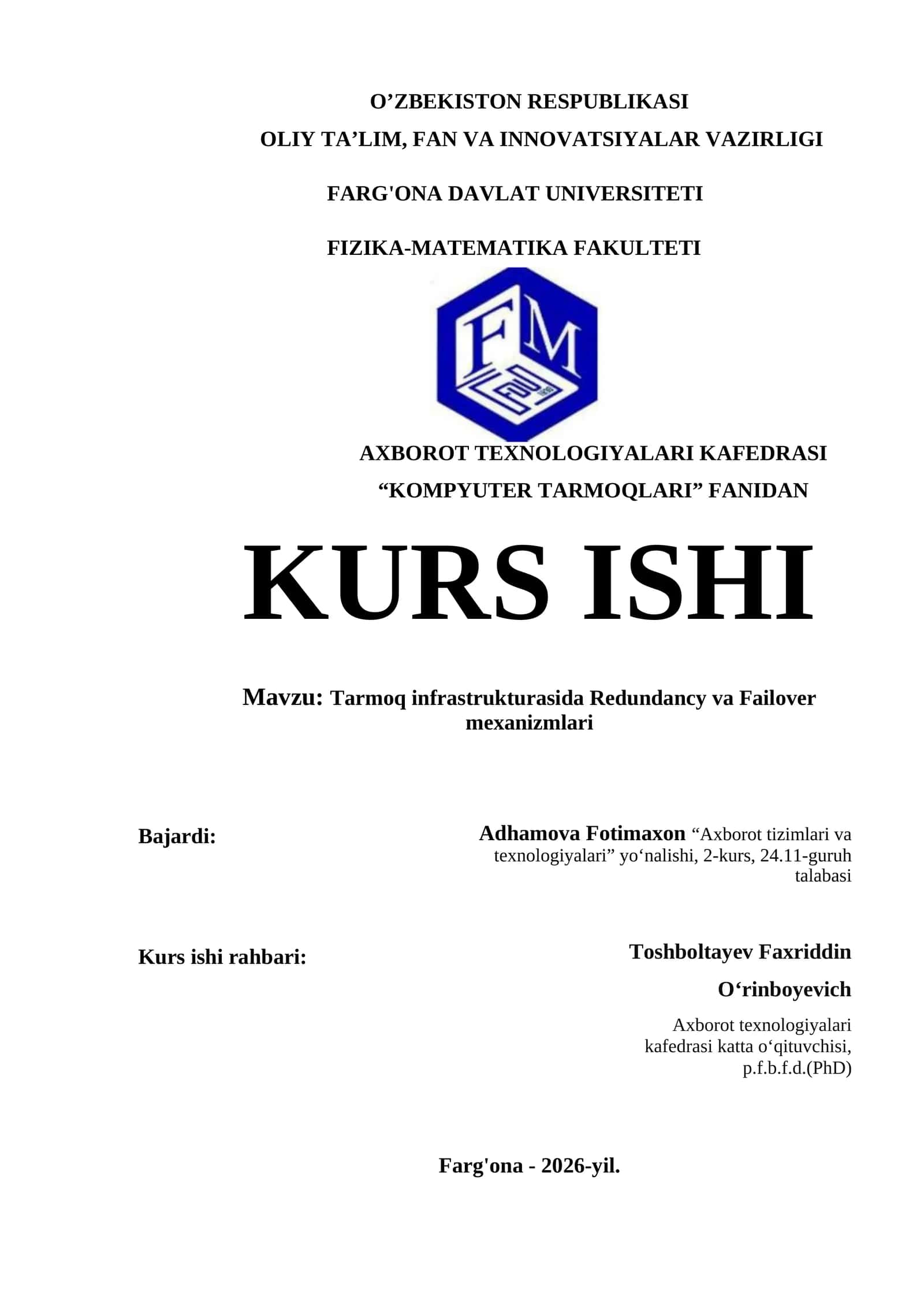 Tarmoq infrastrukturasida Redundancy va Failover mexanizmlari