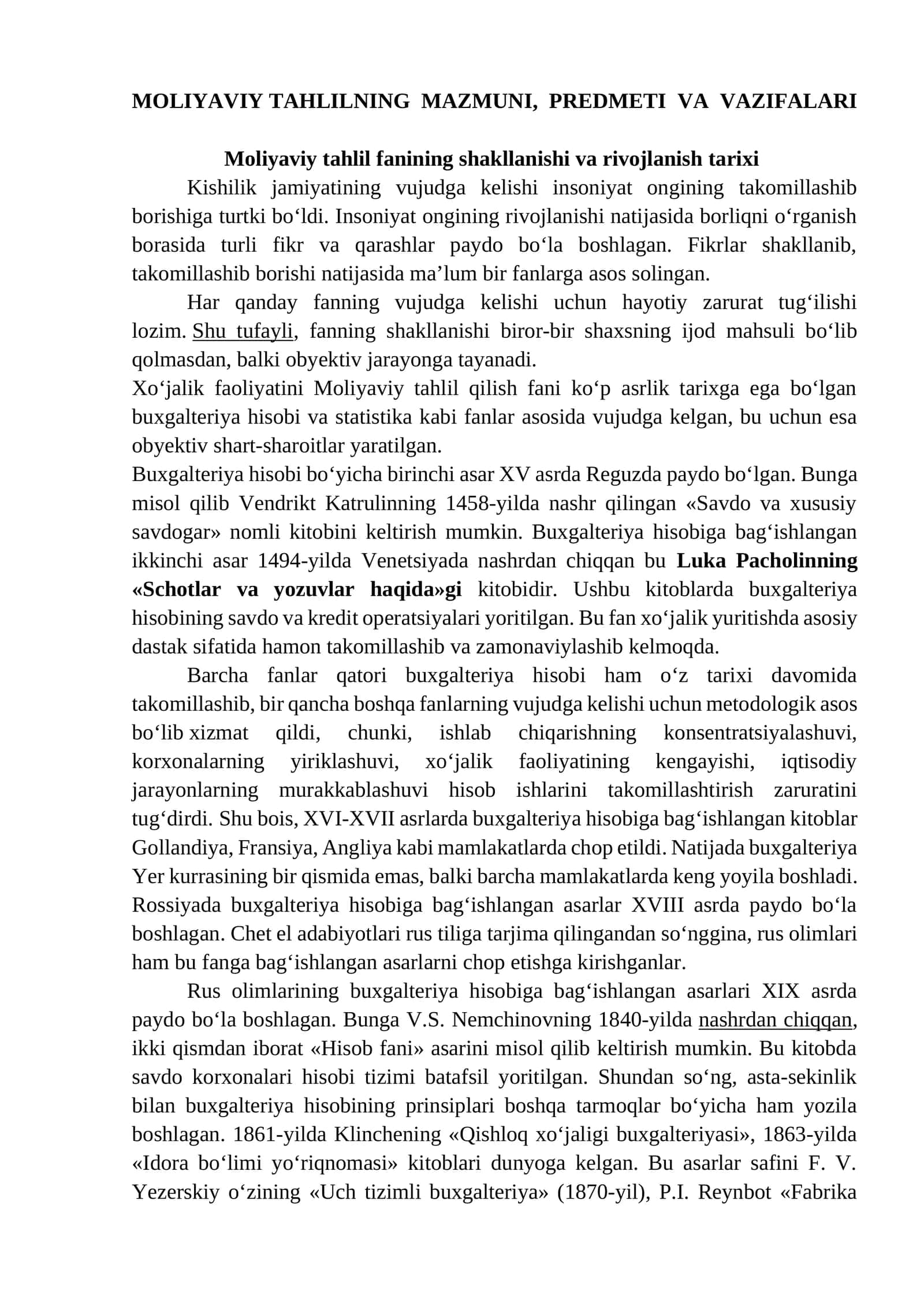 MOLIYAVIY TAHLILNING MAZMUNI, PREDMETI VA VAZIFALARI