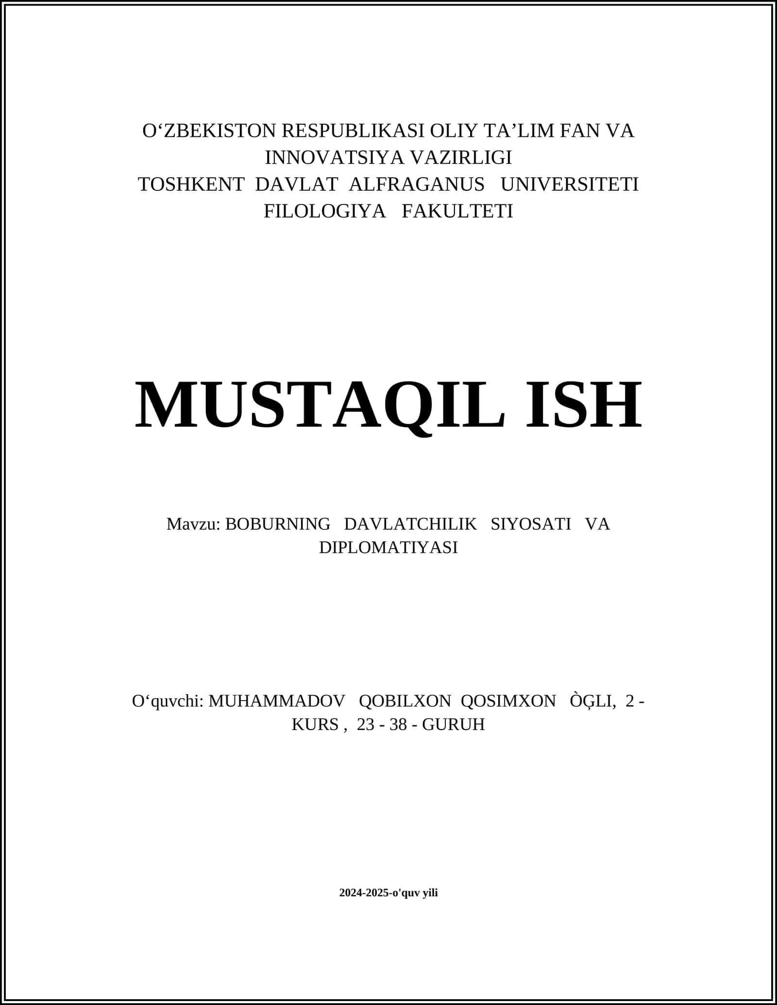 BOBURNING DAVLATCHILIK SIYOSATI VA DIPLOMATIYASI